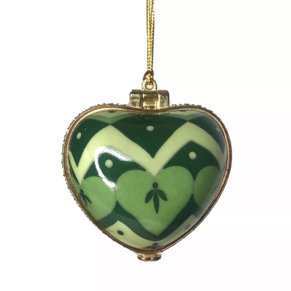 VALERIE Porcelain Heart Enamel Trinket Box Ornament ABIDING FAITH Green T8